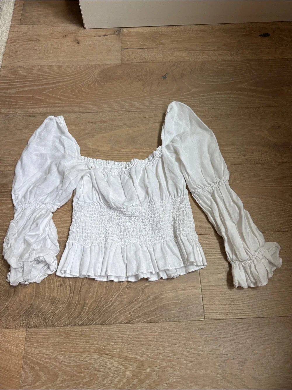 Reformation White Smocked Off-Shoulder Blouse with Puff Sleeves